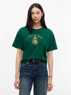 Женская футболка Tommy Hilfiger Metallic Crest Logo Interlock, цвет: Тёмный изумрудный — фото 1
