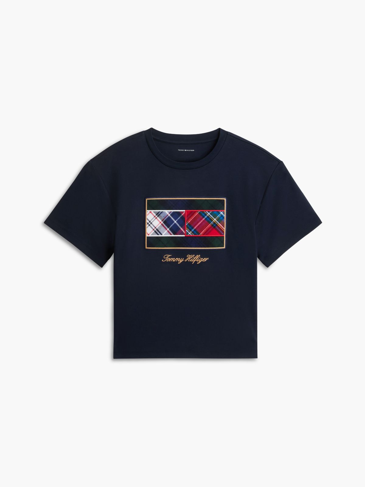 Mixed-Plaid Flag Logo Interlock T-Shirt — Navy Blue