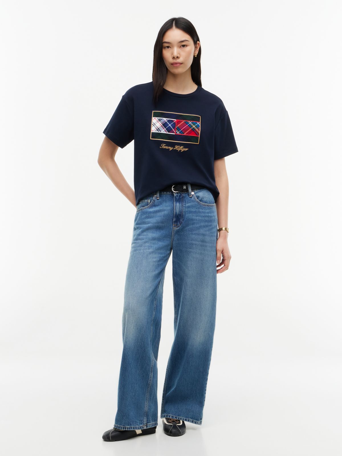 Mixed-Plaid Flag Logo Interlock T-Shirt — Navy Blue
