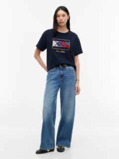 Mixed-Plaid Flag Logo Interlock T-Shirt — Navy Blue 2