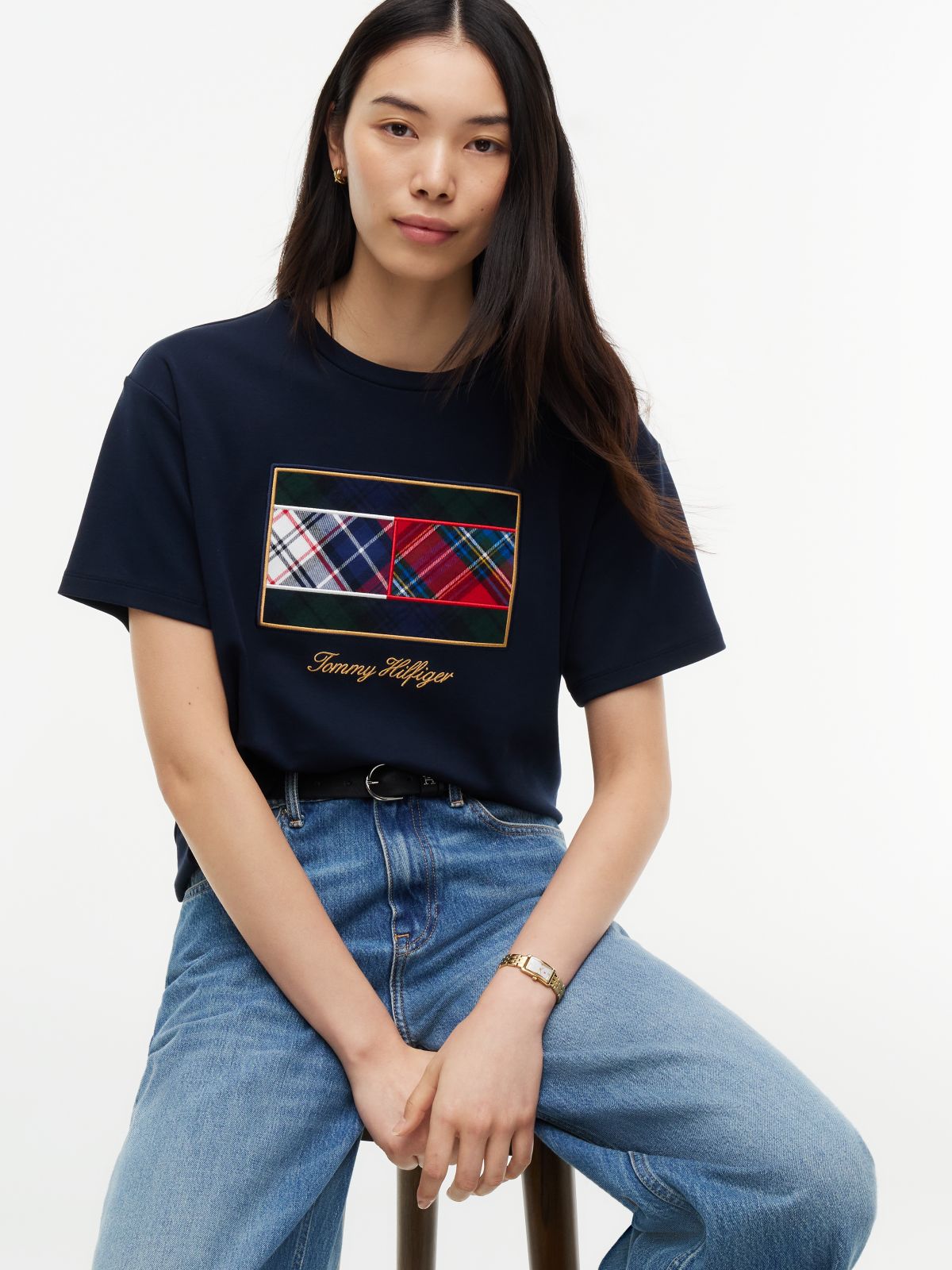 Mixed-Plaid Flag Logo Interlock T-Shirt — Navy Blue