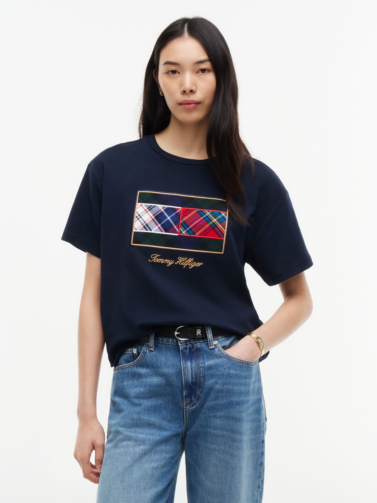 Mixed-Plaid Flag Logo Interlock T-Shirt — Navy Blue