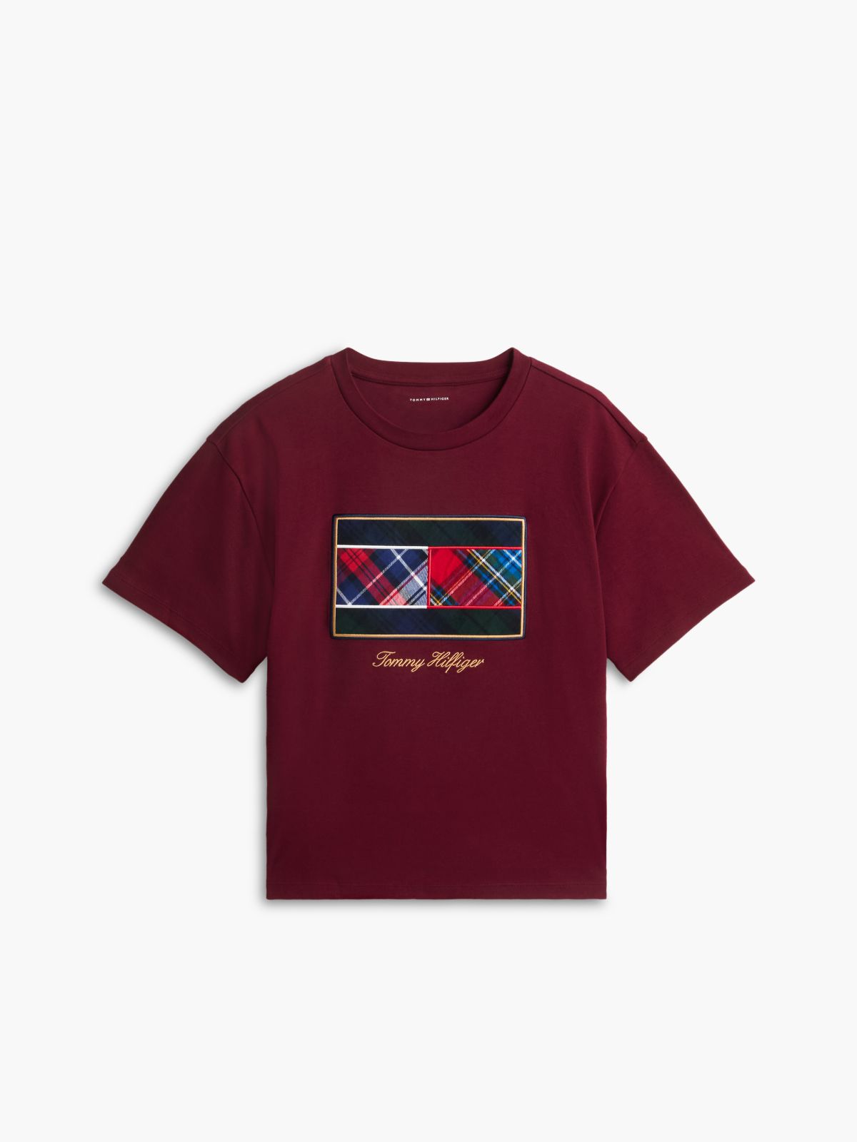 Mixed-Plaid Flag Logo Interlock T-Shirt — Burgundy