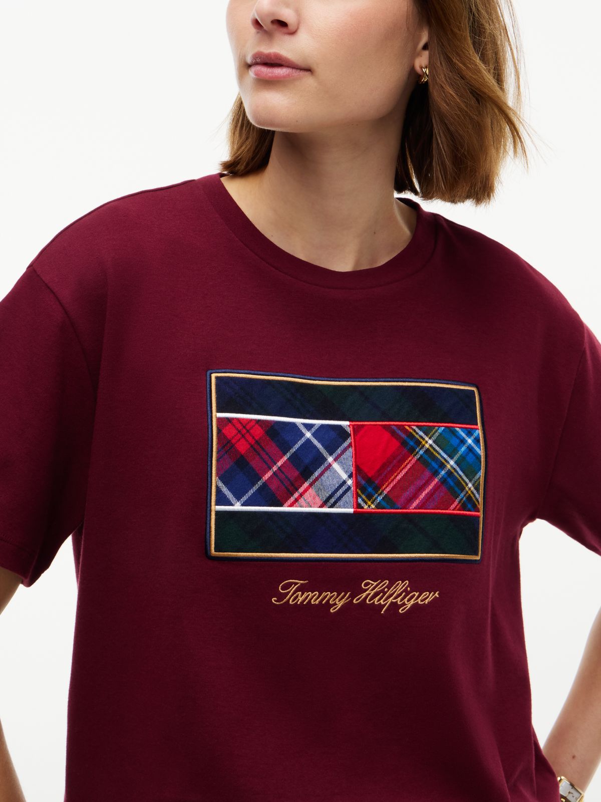 Mixed-Plaid Flag Logo Interlock T-Shirt — Burgundy