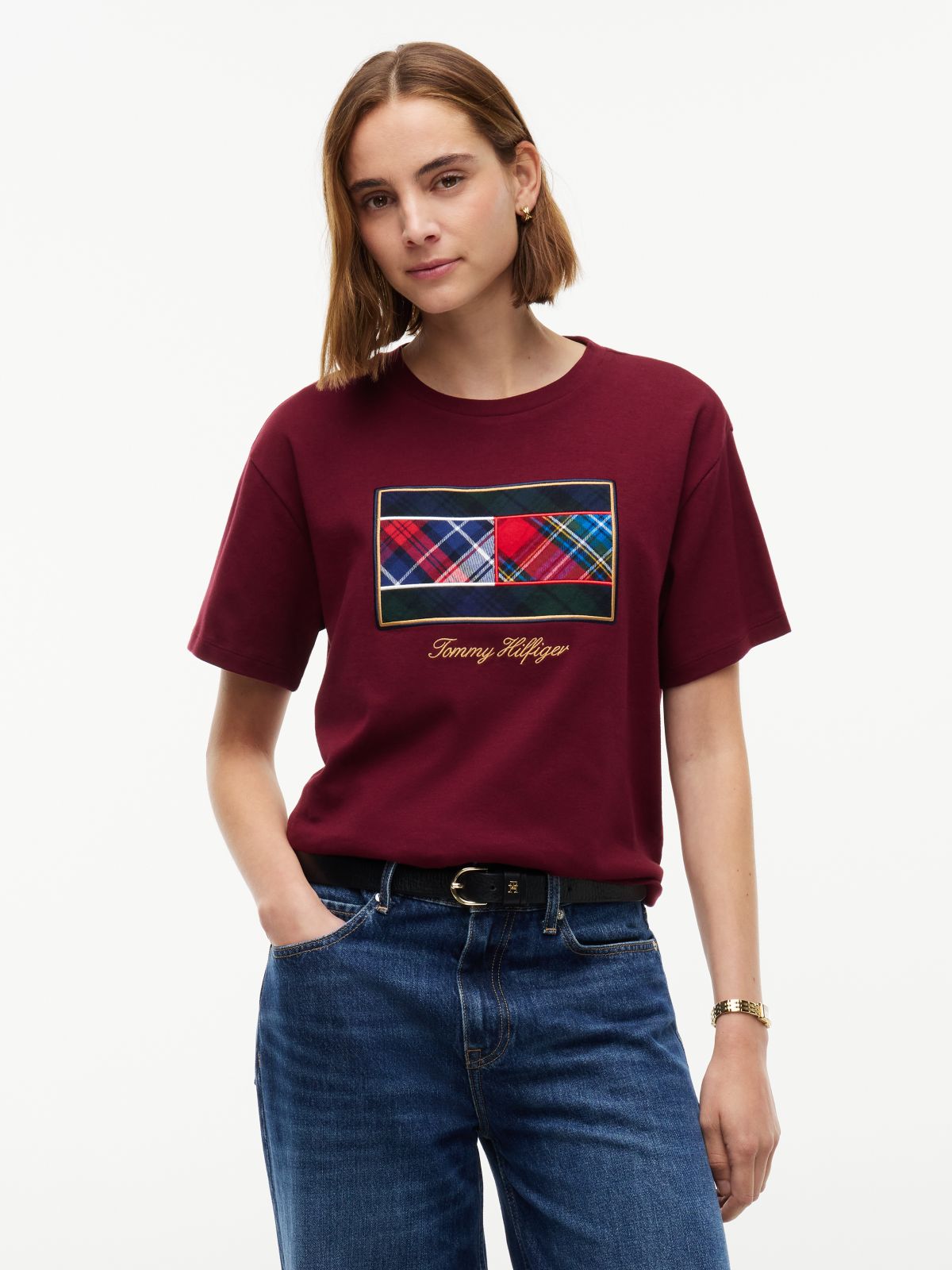 Mixed-Plaid Flag Logo Interlock T-Shirt — Burgundy