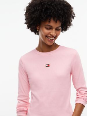Женская футболка Tommy Hilfiger Embroidered Flag Logo Rib-Knit, цвет: Розовый — фото 3