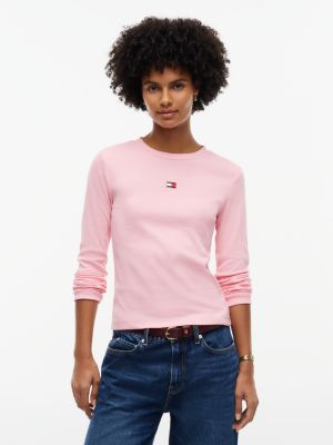 Tommy Hilfiger Women's Embroidered Flag Logo Rib-Knit T-Shirt - Iced Rose - M