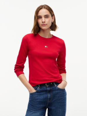 Tommy Hilfiger Women's Embroidered Flag Logo Rib-Knit T-Shirt - Medium Red - M