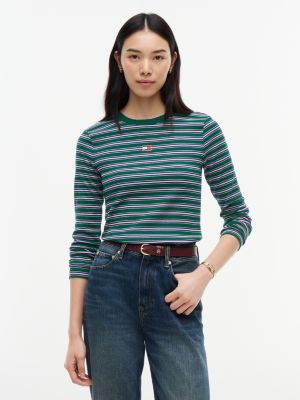 Женская футболка Tommy Hilfiger Embroidered Flag Striped Rib-Knit, цвет: Изумрудный — фото 1