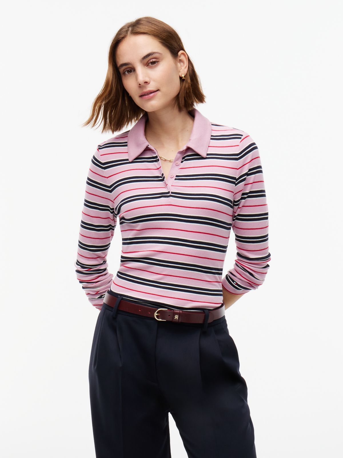 Slim Fit Striped Rib-Knit Polo — Mystic Orchid Multi