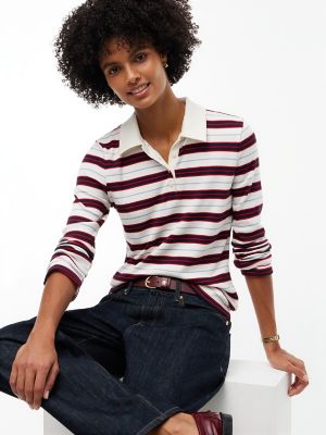 Женское поло Tommy Hilfiger Slim Fit Striped Rib-Knit Polo, цвет: Слоновая кость шёлковый разноцветный — фото 3