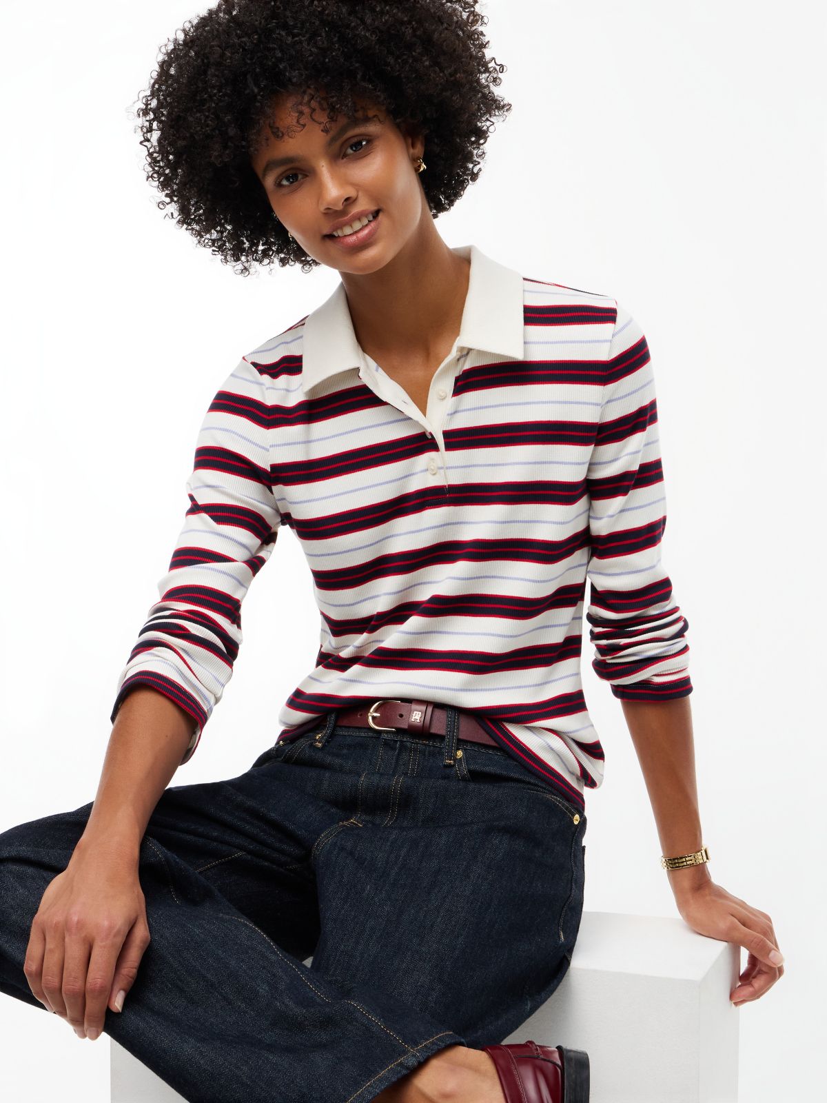 Slim Fit Striped Rib-Knit Polo — Ivory Silk Multi