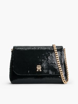 Monogram Sequined Flap Crossbody Bag, Black