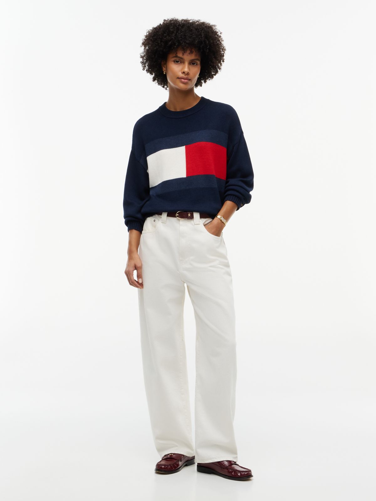 Intarsia Flag Logo Crewneck Sweater — Navy