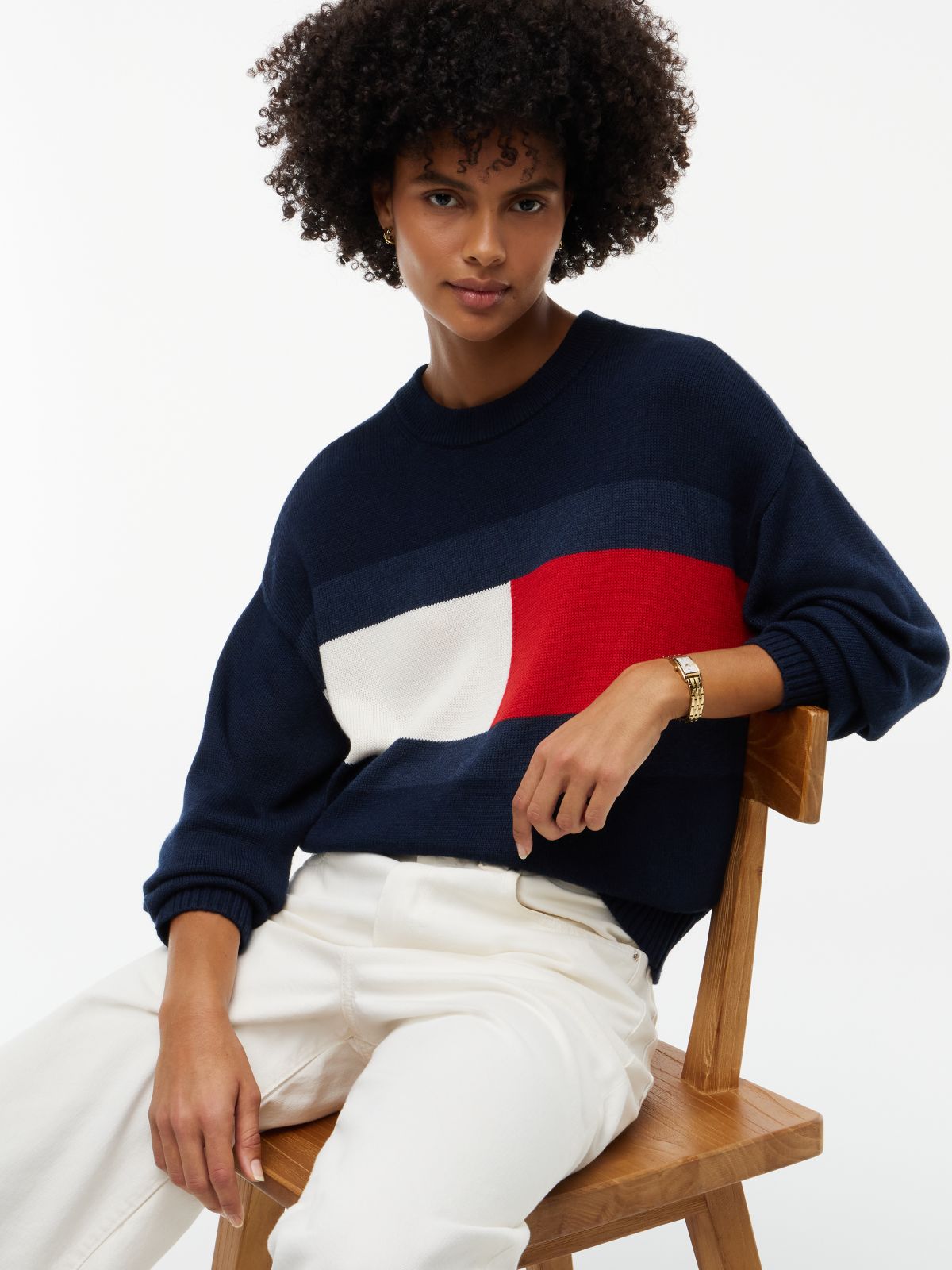 Intarsia Flag Logo Crewneck Sweater — Navy