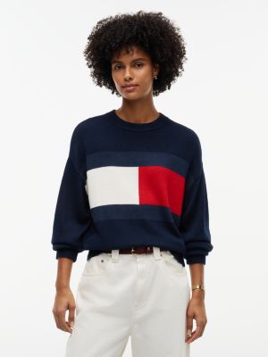 Intarsia Flag Logo Crewneck Sweater, Navy