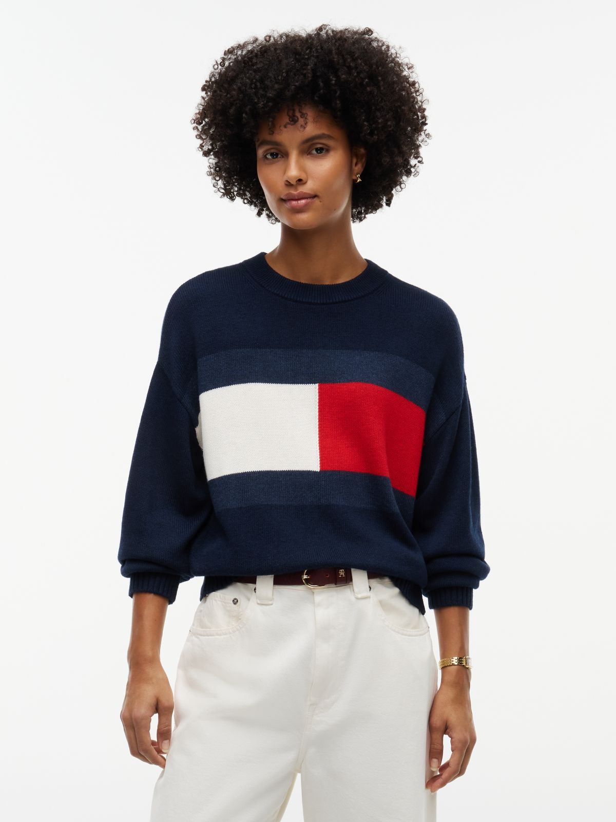 Intarsia Flag Logo Crewneck Sweater — Navy