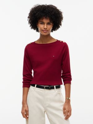 Женская футболка Tommy Hilfiger Gold-Button Boatneck, цвет: Бордовый — фото 1