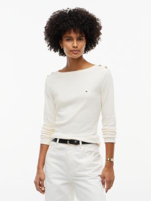 Gold-Button Boatneck T-Shirt, Rich Cream