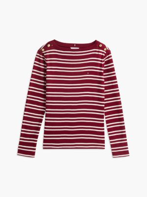 Женская футболка Tommy Hilfiger Gold-Button Striped Boatneck, цвет: Бордовый полосатый — фото 5