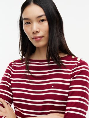Женская футболка Tommy Hilfiger Gold-Button Striped Boatneck, цвет: Бордовый полосатый — фото 3