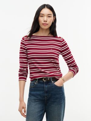 Женская футболка Tommy Hilfiger Gold-Button Striped Boatneck, цвет: Бордовый полосатый — фото 1