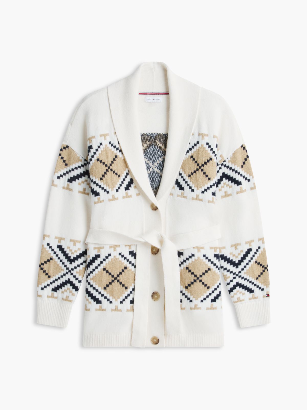 TH Soft Touch Fair Isle Shawl Collar Belted Cardigan — Rich Cream
