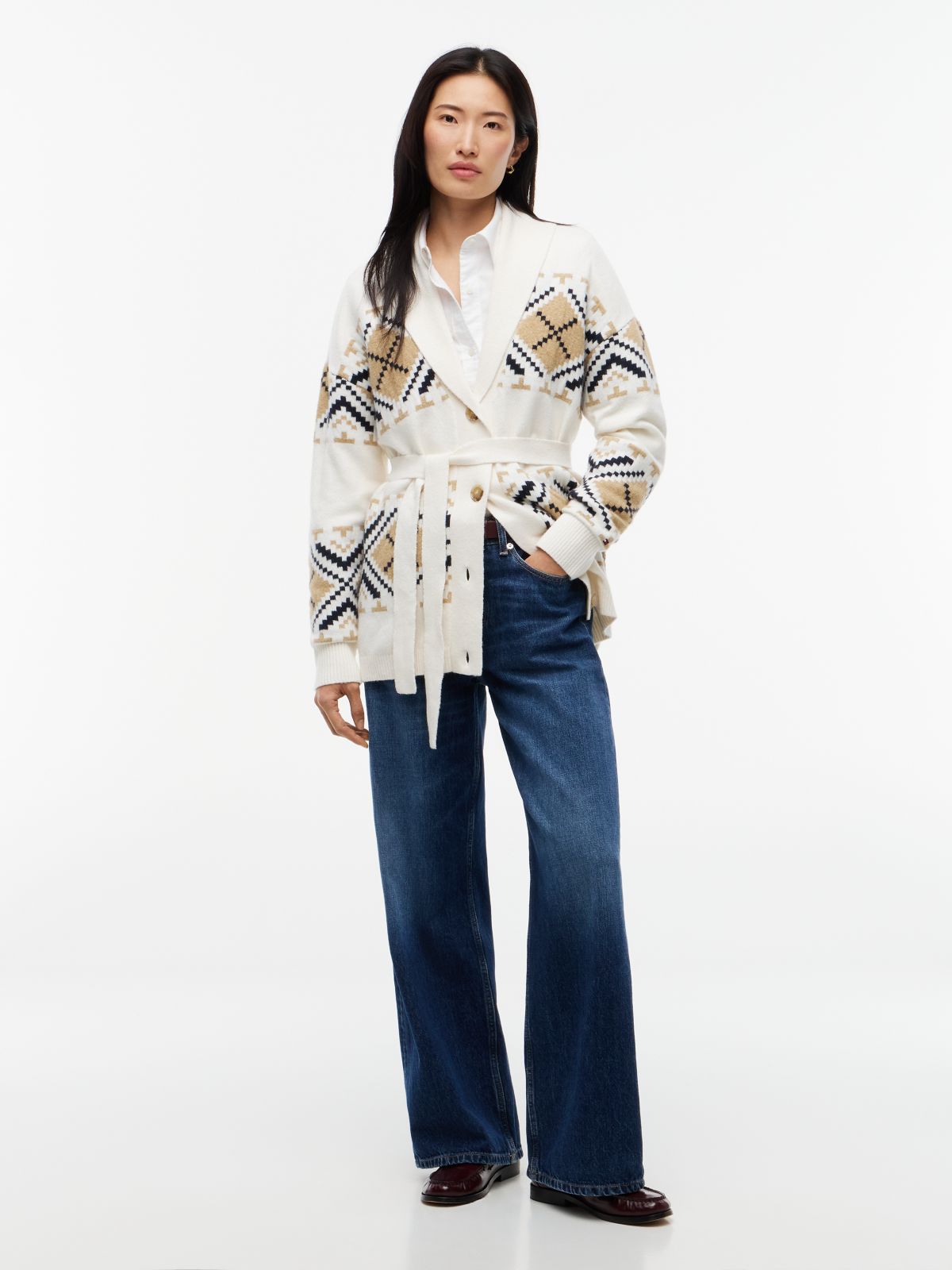 TH Soft Touch Fair Isle Shawl Collar Belted Cardigan — Rich Cream