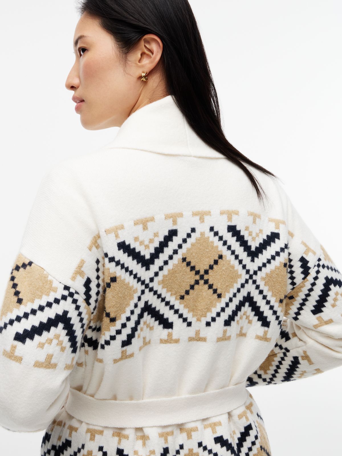 TH Soft Touch Fair Isle Shawl Collar Belted Cardigan — Rich Cream