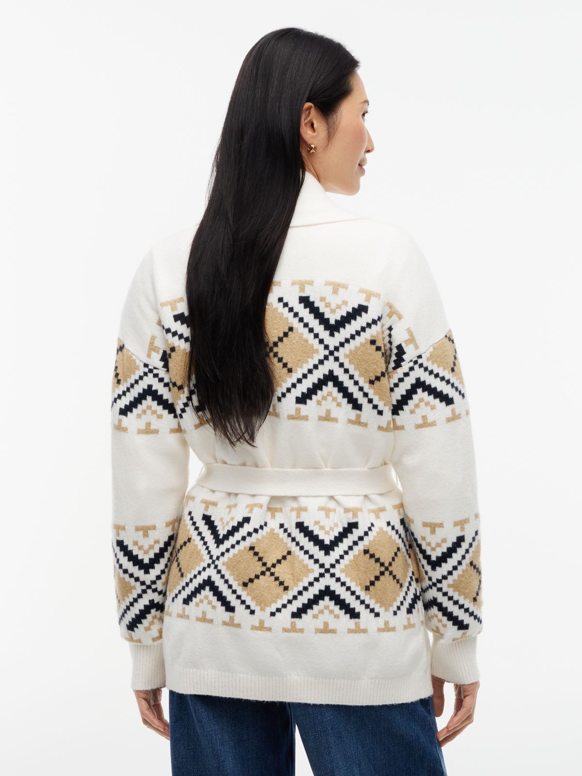 TH Soft Touch Fair Isle Shawl Collar Belted Cardigan — Rich Cream