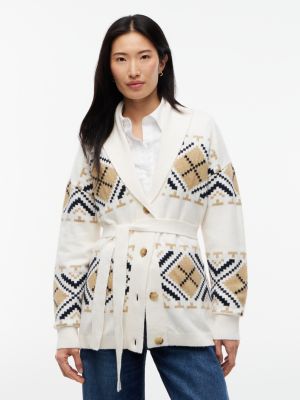 TH Soft Touch Fair Isle Shawl Collar Belted Cardigan, Rich Cream