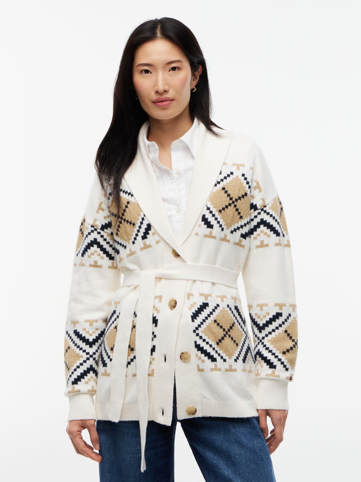 TH Soft Touch Fair Isle Shawl Collar Belted Cardigan — Rich Cream
