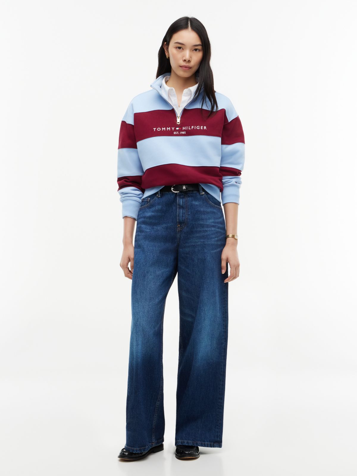 Tommy Logo Quarter-Zip Sweatshirt — Blue/Red Stripe