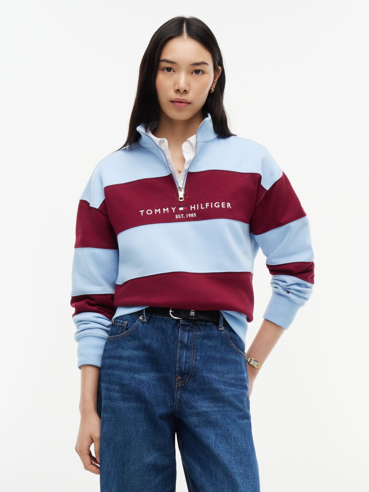 Tommy Logo Quarter-Zip Sweatshirt — Blue/Red Stripe