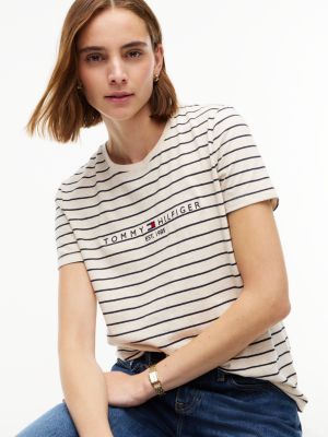 Женская футболка Tommy Hilfiger Tommy Logo Heathered Stripe, цвет: Бежевый меланжевый — фото 3