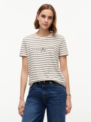 Женская футболка Tommy Hilfiger Tommy Logo Heathered Stripe, цвет: Бежевый меланжевый