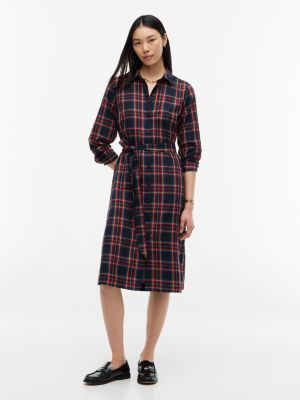 Belted Tartan Midi Shirtdress, Navy Blue