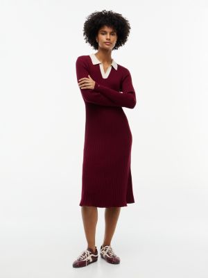 Open Placket Belted Polo Sweater Dress, Burgundy
